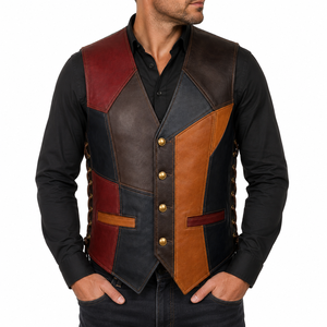 Customized <b>Men's</b> Genuine <b>Leather</b> Western <b>Vest</b> Stand Collar Sleeveless Zipper Closure Embossed Printing Summer Outerwear OEM/ODM - Product Image 3