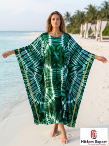 Robe Kaftan Col V Tie-Dye Ample Longueur Ras du Sol Manches Courtes Bohème Été Plage Cache-Maillot en Mousseline pour Femme Fabricant OEM ODM - Product Image 6