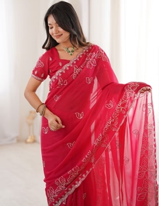 KV Georgette <b>Red</b> Embellished <b>Saree</b> With Unstitched Blouse - Product Image 1
