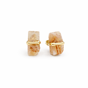<b>Raw</b> Citrine Stainless Steel Gold Plated Handmade Rectangular Rough Stone Stud Minimalist Boho Birthstone Third Party Certified - Product Image 1