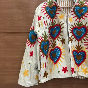 Premium Ivory <b>Velvet</b> Floral Embroidered Suzani <b>Jacket</b> with Heart Print Full Sleeve Stand Collar Handmade Bohemian Autumn Coat - Product Image 4