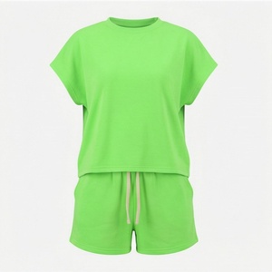 Women's Green 2 Piece <b>Knitted</b> Casual Shorts <b>Set</b> Crew Neck Short Sleeve Top Above Knee Solid Color Breathable Loose Fit Spring - Product Image 1