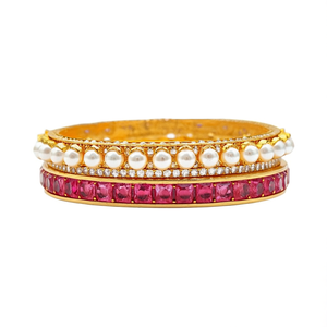 24K Gold Plated <b>Ruby</b> Stone Kempu Bangles-Ethnic Brass <b>Bracelet</b> with Quartz Pearl & Diamond Accents - Product Image 1