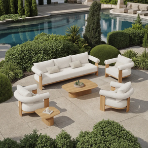 Modern Teak Wood Outdoor Sofa Set with White <b>Cushions</b> Wooden Armchairs and Coffee Table for Luxury <b>Garden</b> Patio Resort - Product Image 1