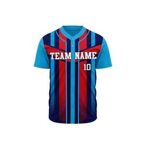 Camiseta de Béisbol Personalizada Azul y Roja a Rayas, Manga Corta, Cierre de Botones, Impresión Sublimada, Unisex, Adulto, Corte Regular, Nombre del Equipo 10 - Product Image 1