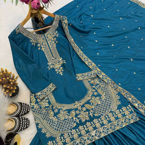 Conjunto de traje Sharara de seda crepé natural pura con bordado pesado, trabajo de Moti y Latkan Dori elegante, completamente cosido, ropa étnica festiva. - Product Image 1