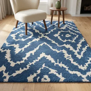 Tapis moderne en jute Ikat écologique, épais et rembourré, rectangulaire, bleu beige, tufté à la main, à poils ras, avec envers antidérapant en latex, pour la maison - Product Image 3