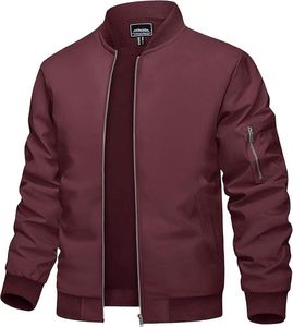 Chaqueta Bomber Ecológica Color Borgoña para Hombre, Cuello Alto con Cierre de Cremallera, Prenda Exterior Informal de Corte Regular y Color Sólido - Product Image 1