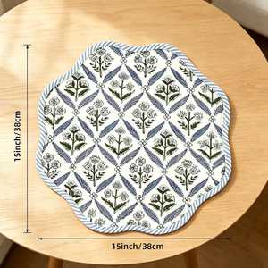 Blue Printed Check Floral Scalloped <b>Placemat</b> Bound Edge <b>Placemat</b> Elegant Tableware for <b>Dining</b> <b>Dining</b> <b>Table</b> <b>Placemat</b> Cottage - Product Image 5