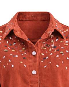 Chaqueta vaquera corta naranja óxido para mujer con botones frontales adornados con pedrería, manga larga, estilo urbano, top de moda. - Product Image 3