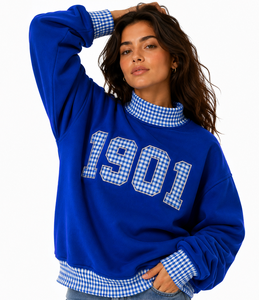 Sweat-shirt pour femme, bleu royal, avec logo appliqué sur le devant, motif à carreaux 1901, 200g, col rond, coupe classique, pull-over, vêtements décontractés d'automne - Product Image 2