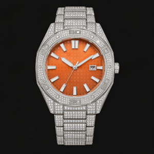 Silver Crystal Orange Dial Sport <b>Watch</b> Date Display Bold Luxury Timepiece For Men Modern Fashion Gift Statement Accessory - Product Image 1