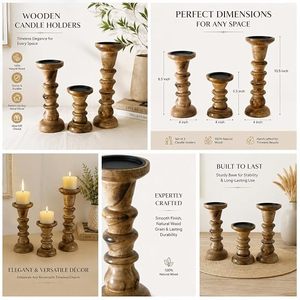 Ensemble de 3 porte-bougies en bois rustiques faits à la main, supports décoratifs pour bougies piliers de style farmhouse - Product Image 4