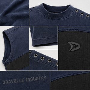 T-shirt sans manches pour homme, coupe oversize et carrée, style streetwear, en jersey de coton bleu encre délavé, avec empiècement poitrine en ripstop noir - Product Image 6