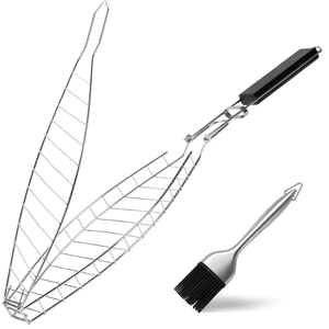 Heavy Duty Stainless Steel Fish Grill Basket with Removable Wooden Handle & Bonus Basting Brush <b>BBQ</b> Accessory - Product Image 1