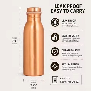 Flask Leak-Proof Sports Yoga Gym Copper Water Bottle Hammered Finish 500ml Portable Travel <b>Drinkware</b> Minimalist Design - Product Image 1