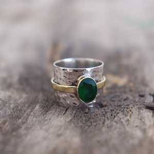 แหวนวงแหวนลายตอกสองสีหยกเขียว เงินแท้ 925 ผสมทองเหลือง แหวนโลหะผสมสำหรับผู้ชายและผู้หญิง เครื่องประดับ - Product Image 6