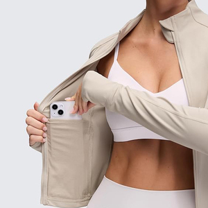 Chaqueta de yoga de nailon con cremallera completa para mujer, ajuste ceñido, manga larga, transpirable, cuello alto, tops para gimnasio, fitness y running, logo frontal - Product Image 4