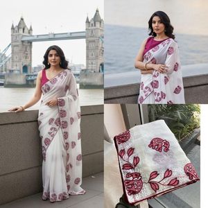 Nuevos lanzamientos de sarees Elephant: Saree Fendy de chifón para fiesta con bordado Butti y borde calado. Fabricantes, venta al por mayor B2B. - Product Image 6