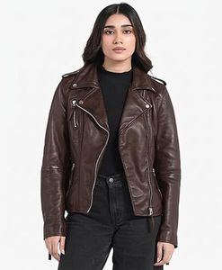 Women's Genuine Leather Motorcycle Jacket Brown Stand Collar <b>Zipper</b> Closure Full Sleeve Biker Style Autumn Wear - Product Image 5