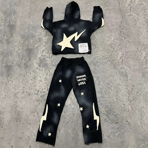 Ensemble de jogging personnalisé délavé à l'acide, en coton épais, style vintage, avec sweat à capuche oversize et pantalon de survêtement déchiré, pour hommes et femmes - Product Image 1