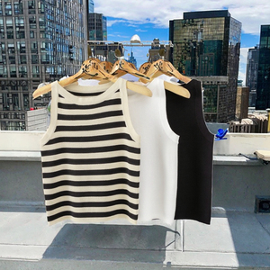 Women Knitted Striped O-Neck <b>Crop</b> Tank <b>Top</b> Minimalist Style Breathable Solid Color Sleeveless <b>Top</b> Short Length - Product Image 4