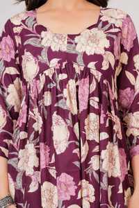 Robe midi évasée décontractée en coton à imprimé floral violet, col rond, manches trois quarts, avec poches, pour la maternité et l'allaitement, idéale pour le quotidien - Product Image 5