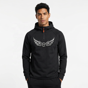 Men's <b>Black</b> Hooded Quarter Zip <b>Sweatshirt</b> Regular Fit Fleece Long Sleeve Casual Autumn Wear - Product Image 6