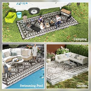 Tappeto da Esterno Reversibile Impermeabile 9FT X 18FT Bianco e Nero in Paglia Sintetica con Borsa per il Trasporto, Motivo a Rombi Bianco e Nero - Product Image 5
