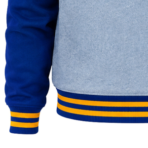 <b>Womens</b> <b>Light</b> Grey Varsity Bomber <b>Jacket</b> Blue Sleeves Laurel Crest Embroidery Gold Trim Snap Button Ribbed Collar Cuffs Casual - Product Image 4
