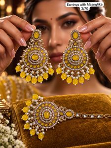 Boucles d'oreilles pendantes ethniques en laiton doré style Dhokra, bijoux perlés en forme de fleur, ensemble Maangtika pour fêtes et mariages - Product Image 5