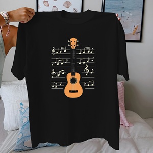 Ukelele con notas musicales, Camiseta de algodón puro para mujer, ajuste cómodo - Product Image 5