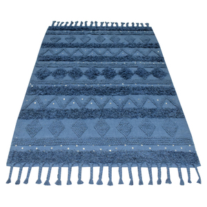 Alfombra de Lana Tejida a Mano Azul Marino con Patrón de Triángulos Crema y Diamantes Marrones y Flecos para Sala de Estar - Product Image 1