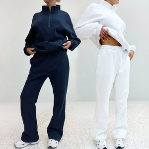 Conjunto Deportivo Unisex Blanco, Sudadera y Pantalones Largos, Corte Holgado Informal con Bolsillos Laterales, Cuello Camisero, Ropa de Otoño - Product Image 1