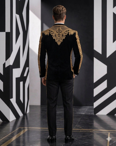 Costume de smoking noir à sequins dorés pour homme, style italien, col cranté, simple boutonnage, revers en velours, tenue de cérémonie - Product Image 4