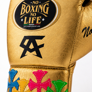 No Boxing No Life Gants de boxe professionnels en cuir doré à lacets, à doigts entiers, réglables au poignet, respirants, avec poignées pour adultes - Product Image 5