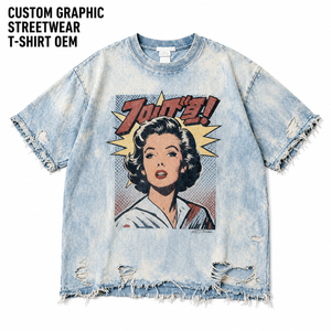 T-shirt en coton tricoté vintage pour homme avec logo personnalisé, ourlet brut, style streetwear, coupe oversize, grammage lourd, haute qualité, motif graphique - Product Image 1
