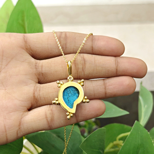 Handcrafted blue turquoise ammonite carving pendant <b>with</b> minimal zircon bezel set necklace 18k gold plated chain fashion jewelry - Product Image 3