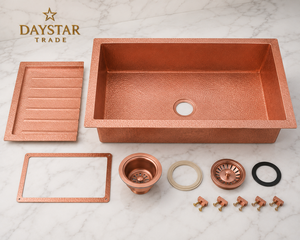 Fregadero de Cocina Rectangular de Cobre Martillado a Mano, de un Solo Tazón, con Cuatro Orificios, Fácil de Limpiar, Diseño Moderno, de Instalación Bajo Encimera, Marca Daystar Trade - Product Image 3