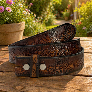 High Finish Antique Brown Full Grain Western Leather <b>Tooling</b> <b>Belt</b> for Men and Women with Snap Button for Buckle Change - Product Image 5