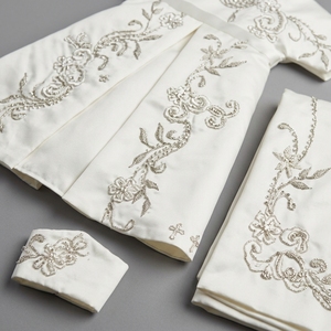 Luxury Hand Embroidered Elegant Solid Linen <b>Wedding</b> Gown Set for Women Short Sleeve Ceremony Outfit <b>Shawl</b> Bonnet - Product Image 4