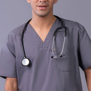 Men Gray V-Neck Short Sleeve <b>Scrub</b> <b>Top</b> With Pocket Cotton Polyester Woven Hospital Uniform Set Pants Included - Product Image 4