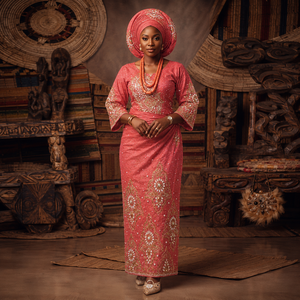 Tela George de Lujo Color Rosa Pálido con Cuentas y Bordado Floral Dorado para Bodas y Fiestas Nigerianas - Product Image 3