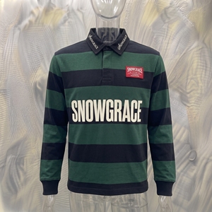 เสื้อเบสบอลแขนยาวลายทาง Snowgrace ปักโลโก้ คอปกพับได้ ทรงปกติ เสื้อผ้าผู้ชาย - Product Image 3