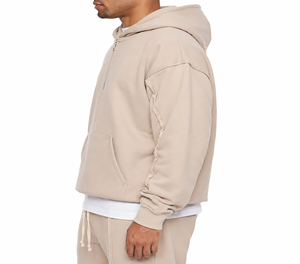 Sweat-shirt à capuche zippé sur le côté pour homme, coupe ample, couleur unie, en molleton, décontracté, beige, coupe classique, en coton tricoté pour l'automne - Product Image 3