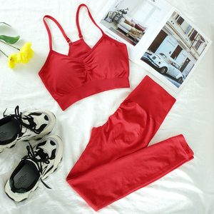 <b>Red</b> 2-Piece Yoga Set Racerback Crew Neck <b>Crop</b> <b>Top</b> Mid-Waist Leggings Seamless Breathable Polyester/Cotton Solid Women's Workout - Product Image 1