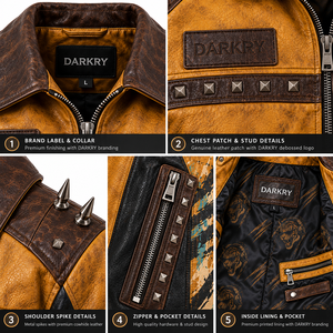 Yellow Mens Leather Jacket Tiger Graphic Print Spiked <b>Studded</b> Biker Coat Lapel Collar Custom OEM ODM Factory Wholesale Supply - Product Image 6