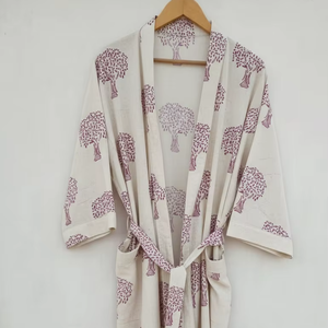 Peignoir Kimono de Luxe 100% Coton Tissé Imprimé à la Main Motifs Floraux Indiens, Vêtement de Bain, Vêtement de Nuit, Chemise de Nuit à Manches Longues Printemps Automne - Product Image 1