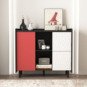 Credenza Nera con Ante Rosse, Design Unico del Pannello, 2 Scomparti Aperti e 2 Cassetti - Product Image 1