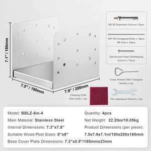 Base per Palo 8x8, 4 pz, in Acciaio Inossidabile, Staffa di Ancoraggio Regolabile, Interno 7.8 X 7.3", per Gazebo e Padiglioni - Product Image 4